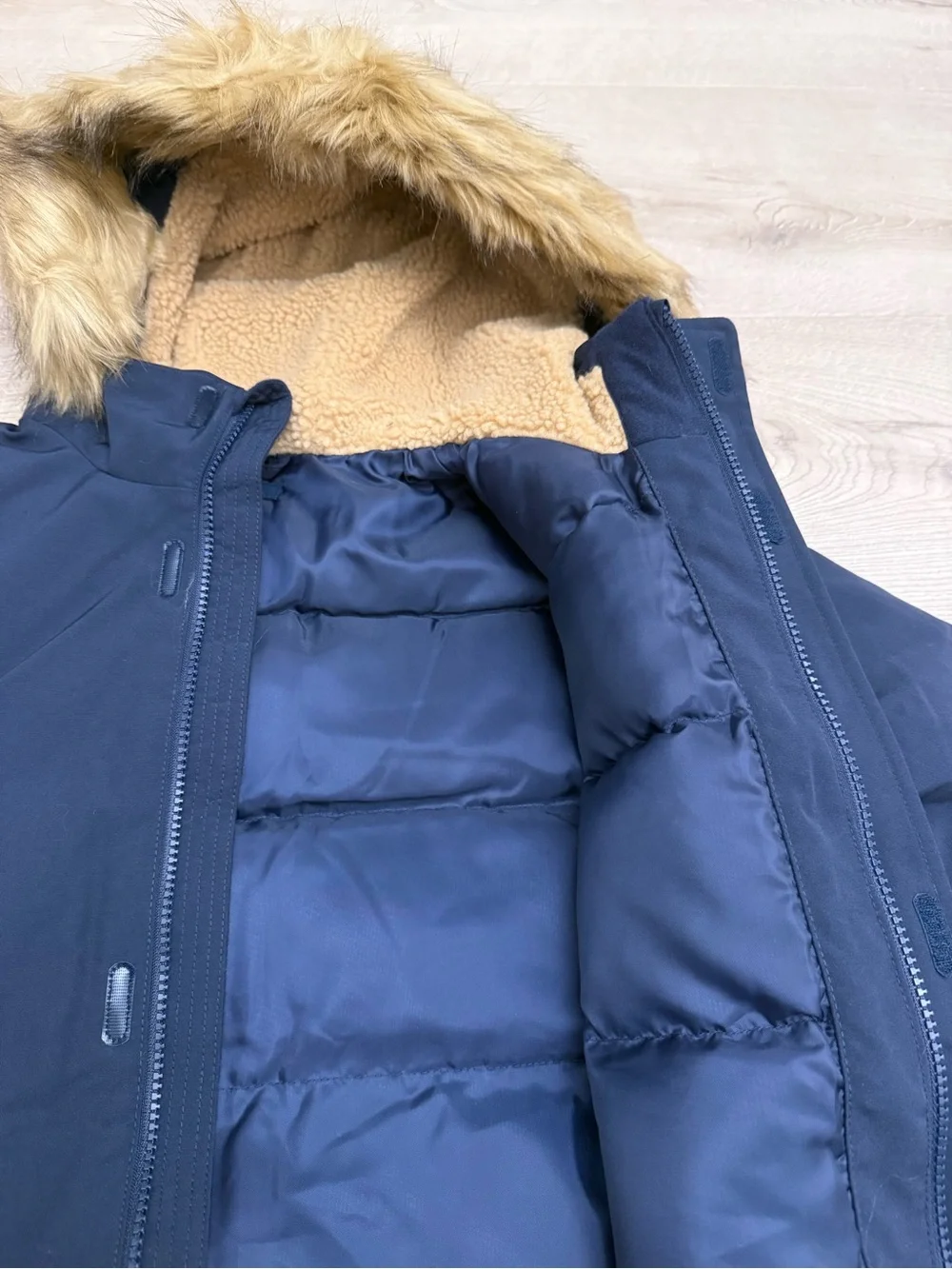 NEW - Uniqlo Navy Hooded Puffer Coat with Faux Fur Trim